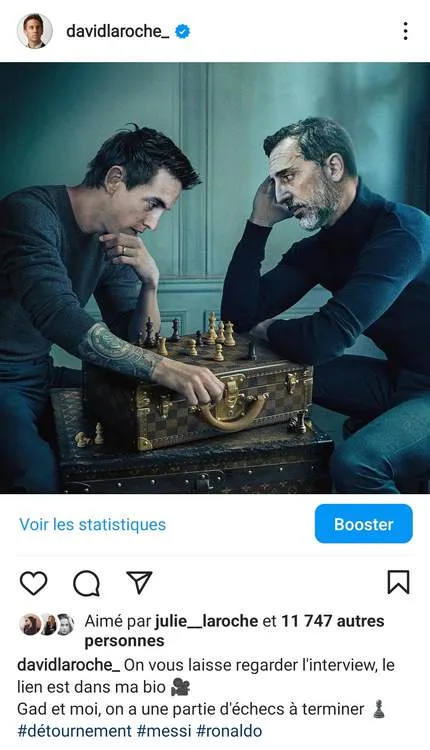 Capture d’un post Instagram : deux hommes jouent aux échecs sur une malle de voyage (parodie d’une publicité Louis Vuitton)
