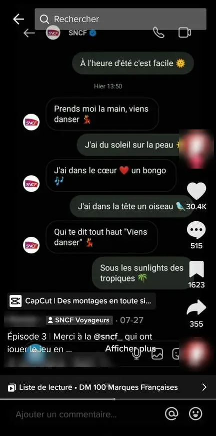 Capture d’une conversation avec un internaute en messages privés, sur un ton positif (identité floutée)