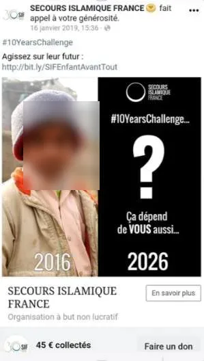 Capture d’un post Facebook d’appel aux dons : photo d’un enfant (visage flouté), avec le texte « #10YearsChallenge… ça dépend de vous aussi »