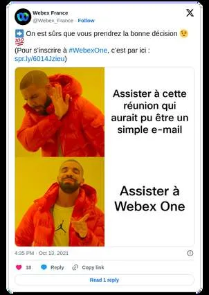 Capture d’un tweet humoristique au format mème : « Assister à cette réunion qui aurait pu être un simple e-mail »